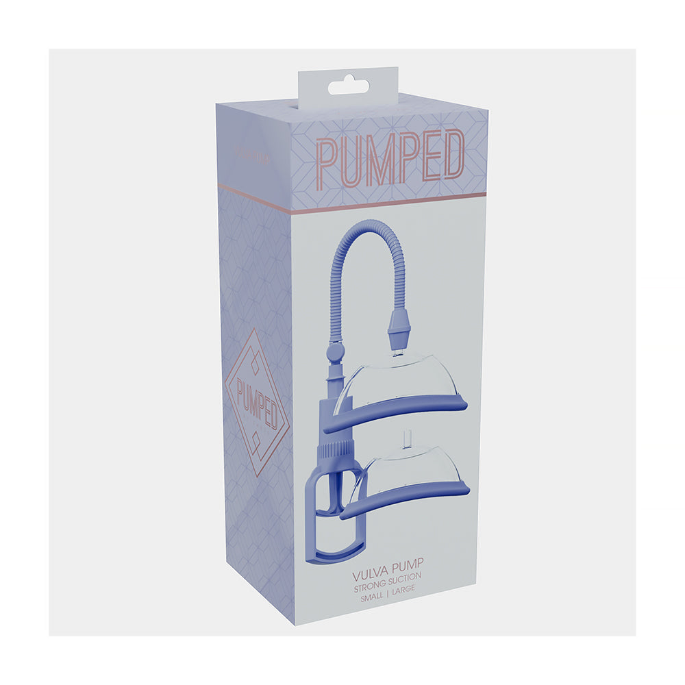Image of Pumped Manual Vulva Pump Lavender packaging showcasing two interchangeable cup sizes and easy-to-use hand pump.