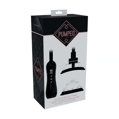 Pumped Vulva & Breast Pump With Tongue Stimulator Black packaging featuring automatic and rechargeable features.