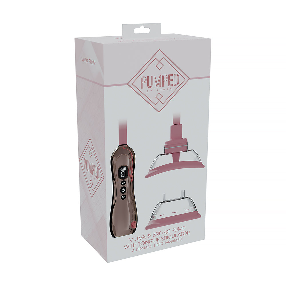 Pumped Vulva & Breast Pump Tongue Stimulator Rose Gold packaging with automatic suction toy and two cup sizes.