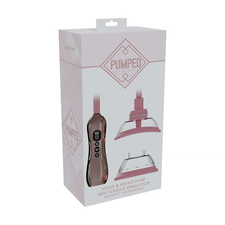 Pumped Vulva & Breast Pump Tongue Stimulator Rose Gold packaging with automatic suction toy and two cup sizes.