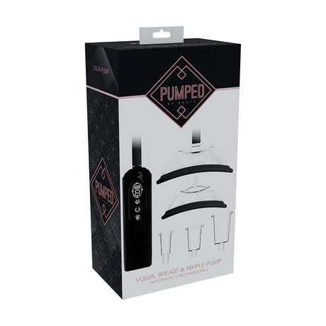 Pumped Automatic Vulva Breast & Nipple Pump Black packaging featuring the product and instructional components.