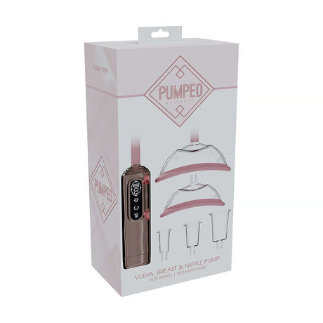 Pumped Automatic Vulva Breast Nipple Pump Rose Gold packaging featuring cups and pump design.
