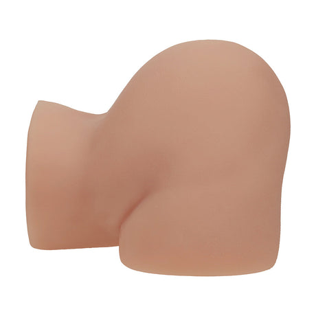 Xkin Bodyforms Lux Arden Dual Entry Vibrating Masturbator Tan side view showcasing realistic design and texture.