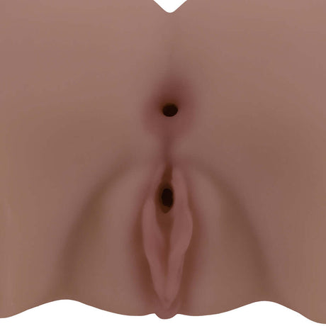 Xkin Bodyforms Eve Rhodes Vibrating Masturbator Brown close-up of dual entry openings in lifelike design.