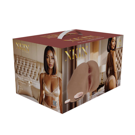 Xkin Nina Vale Dual Entry Vibrating Masturbator Tan packaging with lifelike design for immersive pleasure.