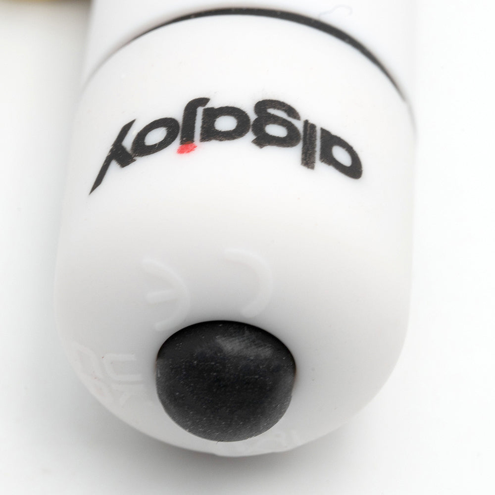 Close-up of a white marker with a black tip, featuring the logo "adigloy" prominently displayed.