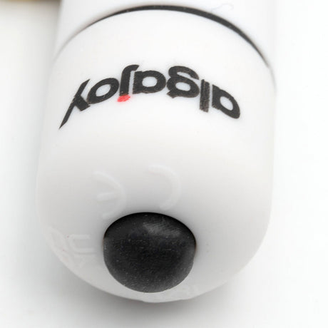 Close-up of a white marker with a black tip, featuring the logo "adigloy" prominently displayed.