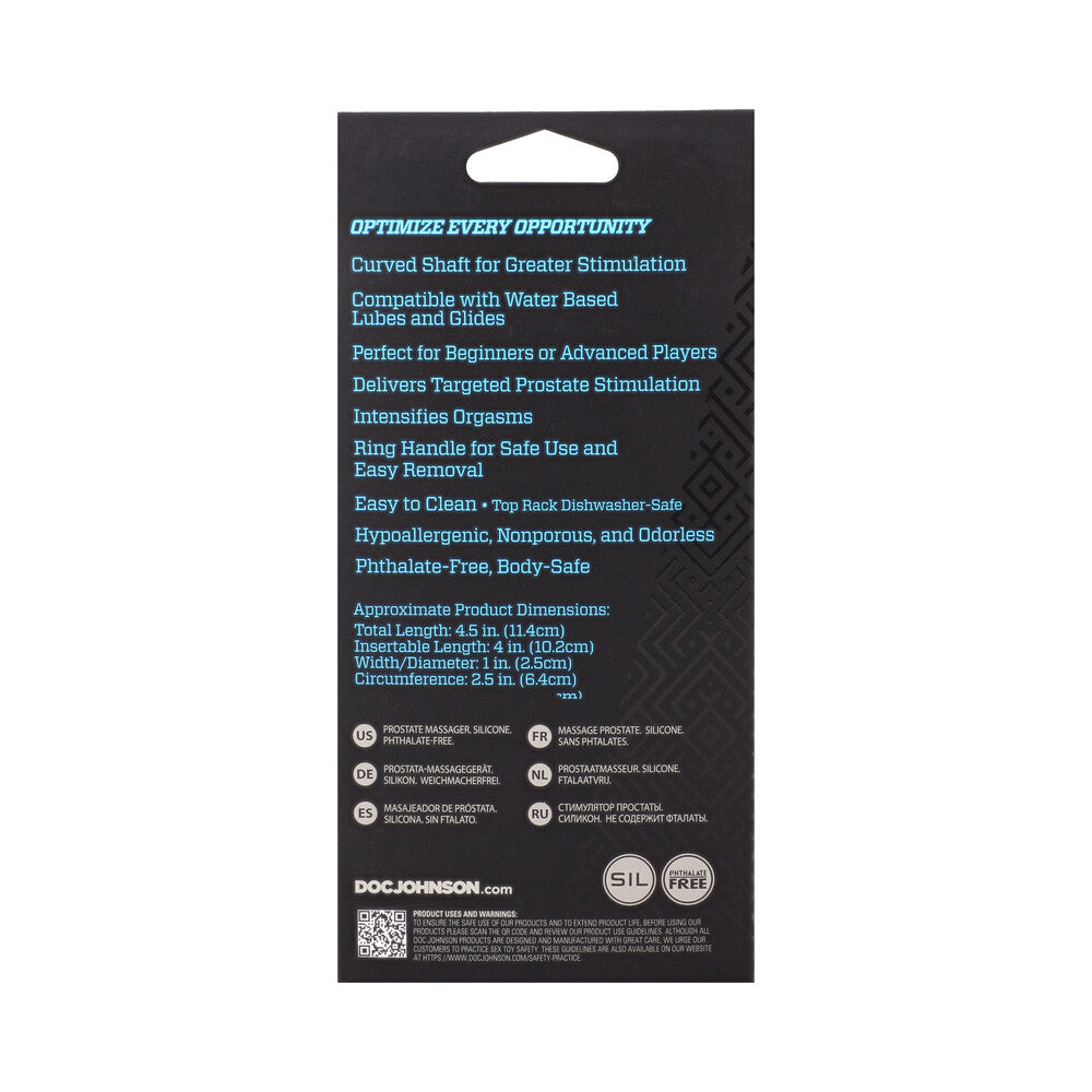 Back packaging of Optimale Zig Zag Silicone P-massager Black highlighting features and usage instructions.