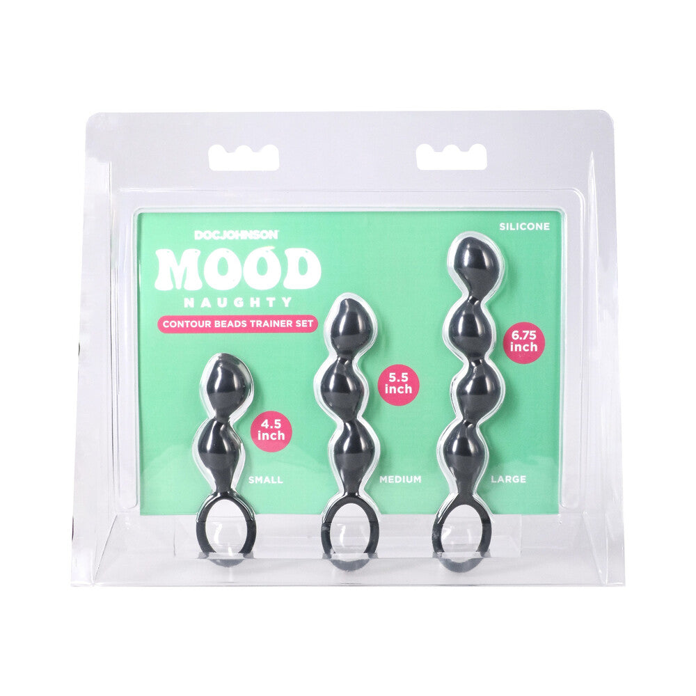 Mood Naughty Contour Beads Trainer Set Black featuring silicone butt plugs in three sizes: 4.5, 5.5, and 6.75 inches.