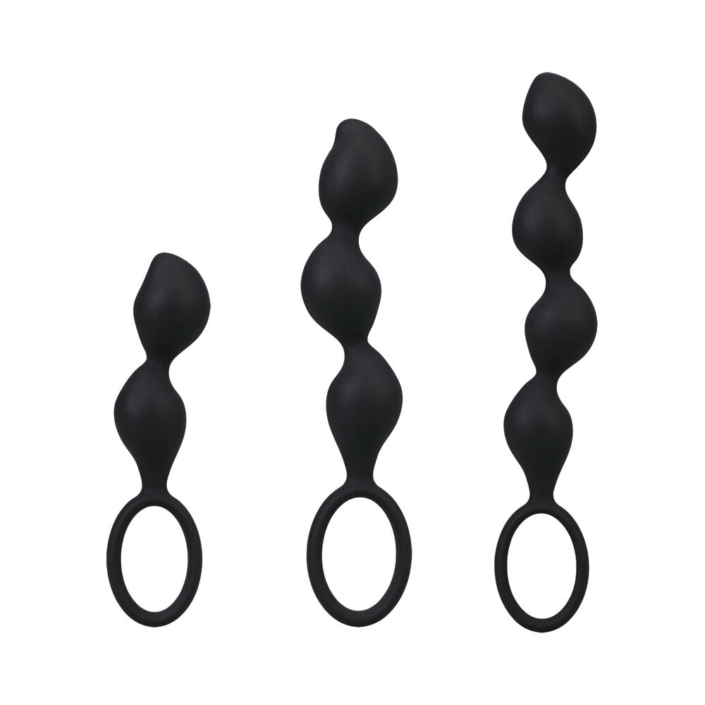 Mood Naughty Contour Beads Trainer Set Black showing three uniquely shaped butt plugs in graduated sizes.