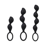 Mood Naughty Contour Beads Trainer Set Black showing three uniquely shaped butt plugs in graduated sizes.