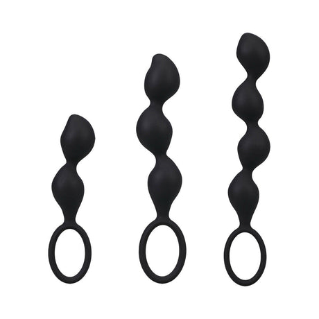 Mood Naughty Contour Beads Trainer Set Black showing three uniquely shaped butt plugs in graduated sizes.