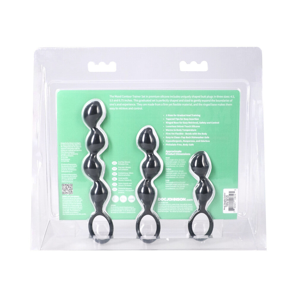 Mood Naughty Contour Beads Trainer Set Black with three graduated butt plugs in packaging.