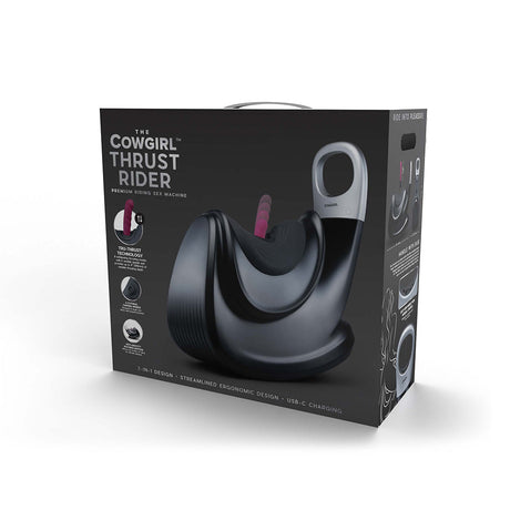 The Cowgirl Thrust Rider Premium Sex Machine packaging showcasing sleek design and features.
