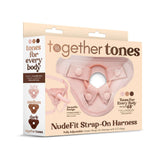 Together Toy Nudefit Strap-on Harness Light package featuring adjustable design and shades for inclusive sizing.