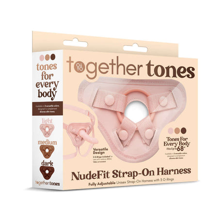 Together Toy Nudefit Strap-on Harness Light package featuring adjustable design and shades for inclusive sizing.