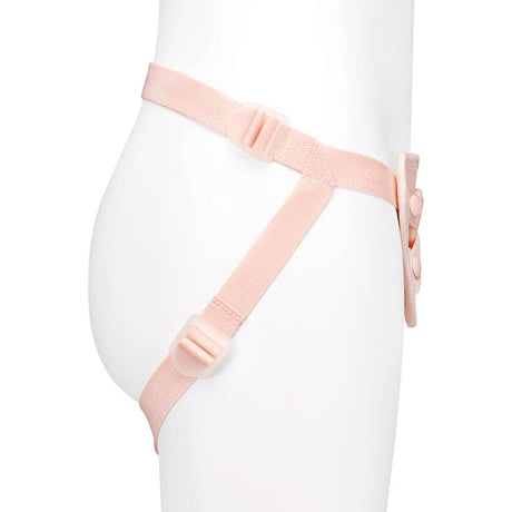 Together Toy Nudefit Strap-on Harness Light displayed on a mannequin showing straps and adjustable buckles.