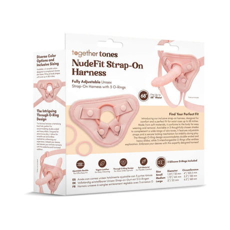 Together Toy Nudefit Strap-on Harness Light packaging with adjustable straps and inclusive sizing options.