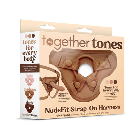 Together Toy Nudefit Strap-on Harness Medium packaging showcasing its versatile design and color options for all body types.
