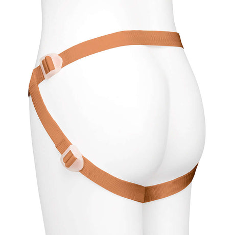 Together Toy Nudefit Strap-on Harness Medium on a model showcasing the adjustable straps and soft materials.