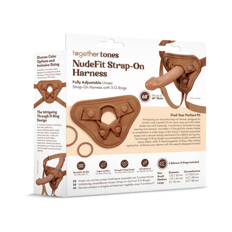 Together Toy Nudefit Strap-on Harness Medium packaging showcasing adjustable design and inclusive sizing options.