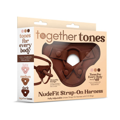 Together Toy Nudefit Strap-on Harness Dark packaging showcasing adjustable design and color options for inclusivity.