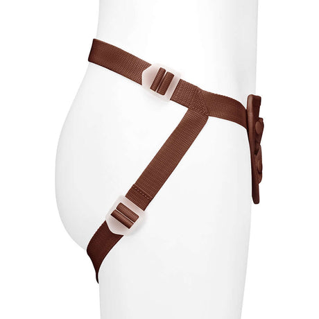 Together Toy Nudefit Strap-on Harness Dark shown on a mannequin, showcasing adjustable straps for comfort and fit.