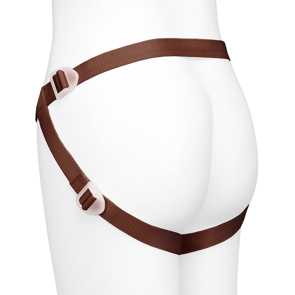 Together Toy Nudefit Strap-on Harness Dark shown on a mannequin from the side, highlighting comfort and adjustable straps.