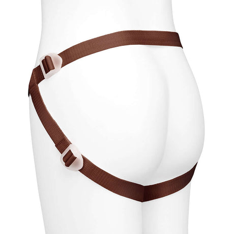 Together Toy Nudefit Strap-on Harness Dark shown on a mannequin from the side, highlighting comfort and adjustable straps.