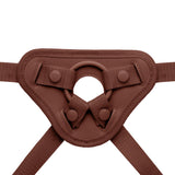 Together Toy Nudefit Strap-on Harness Dark close-up of adjustable fittings and straps on a brown harness
