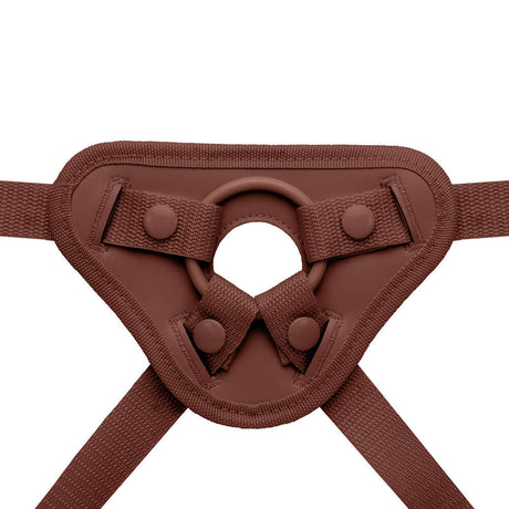 Together Toy Nudefit Strap-on Harness Dark close-up of adjustable fittings and straps on a brown harness