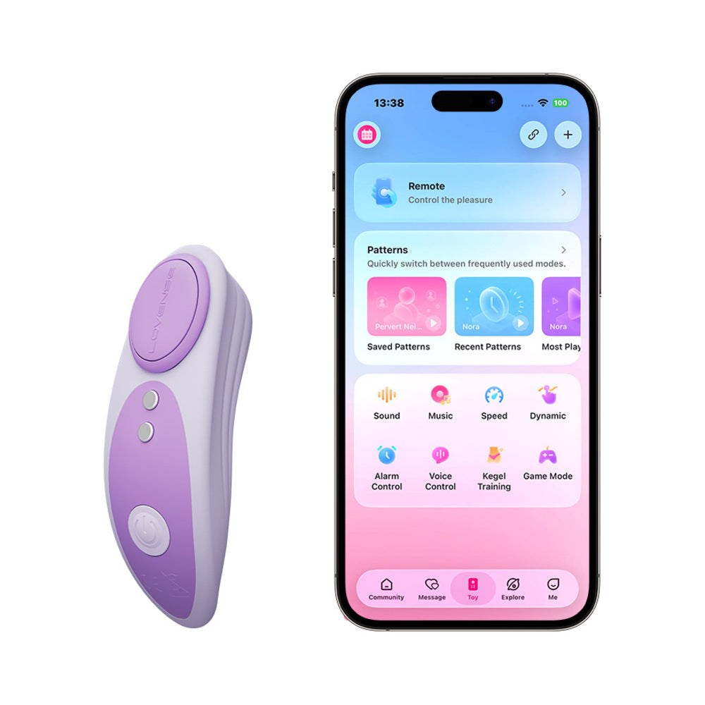 Lovense Ferri Reserve App Control Panty Vibrator Lavender beside smartphone with control app interface.