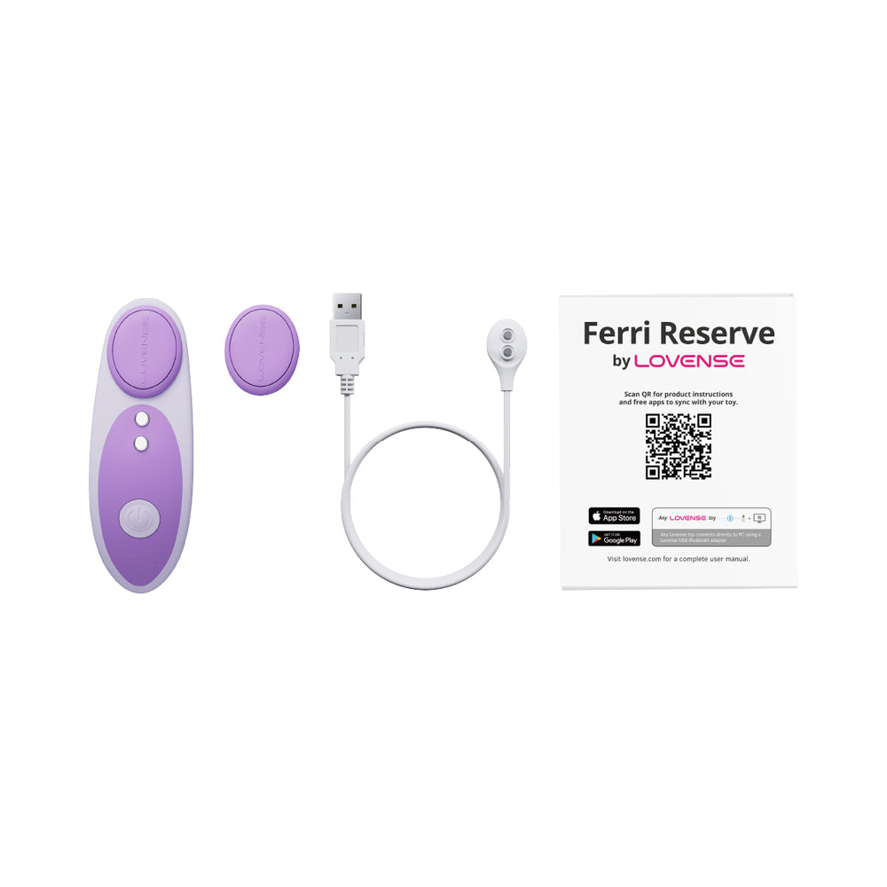 Lovense Ferri Reserve App Control Panty Vibrator Lavender with remote, USB cable, and user guide.
