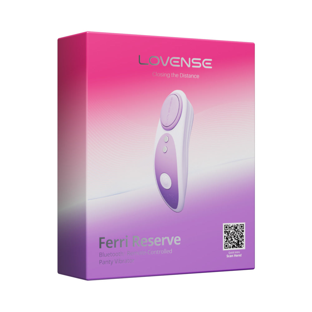 Lovense Ferri Reserve App Control Panty Vibrator Lavender packaging display with vibrant colors.