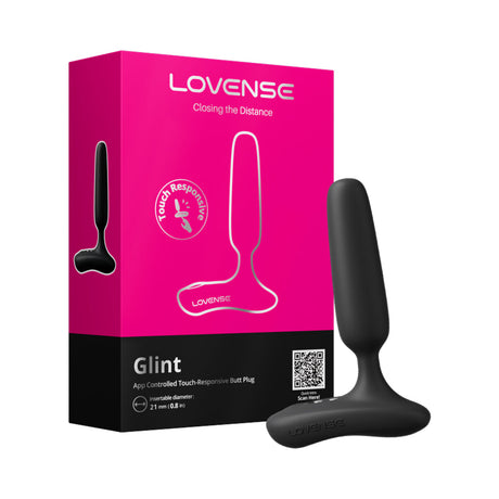 Lovense Glint Touch-Responsive Vibrating Butt Plug Black packaging with interactive butt plug design.