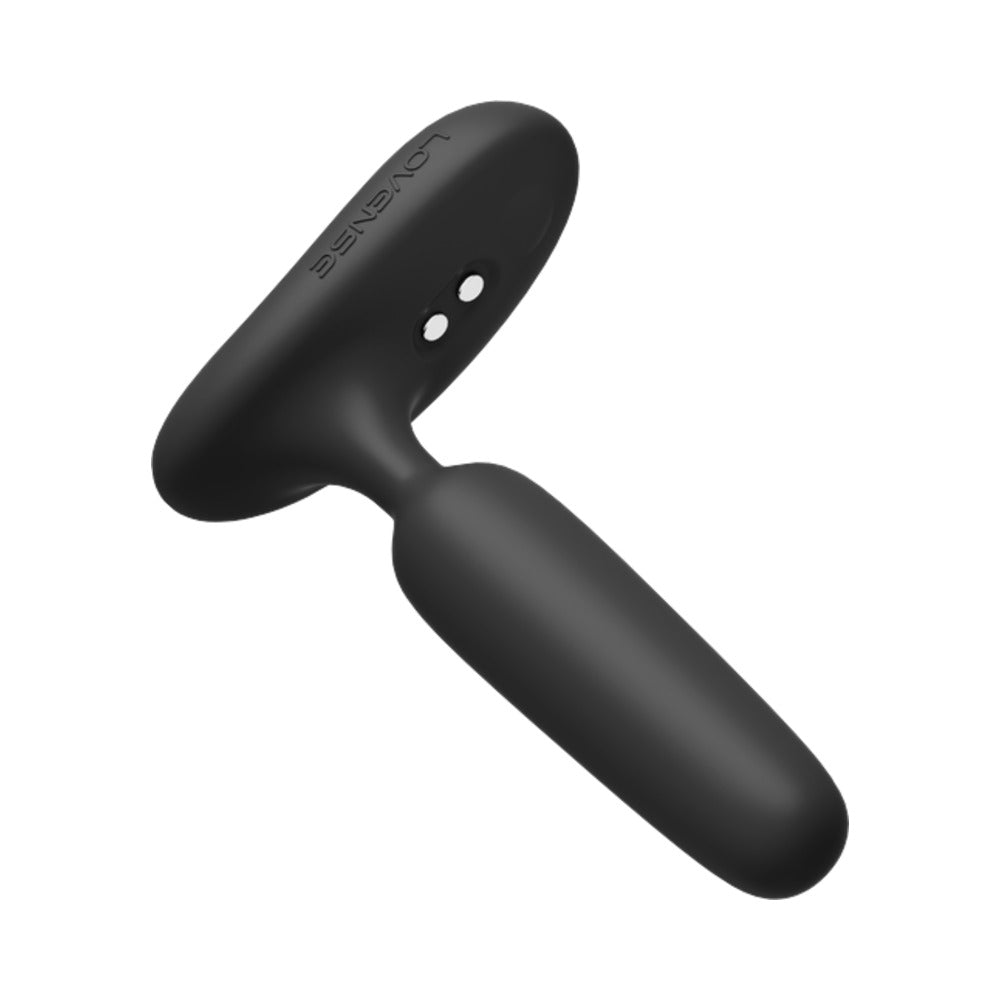 Lovense Glint Touch-Responsive Vibrating Butt Plug Black angled view, showcasing its sleek design and touch-responsive features.
