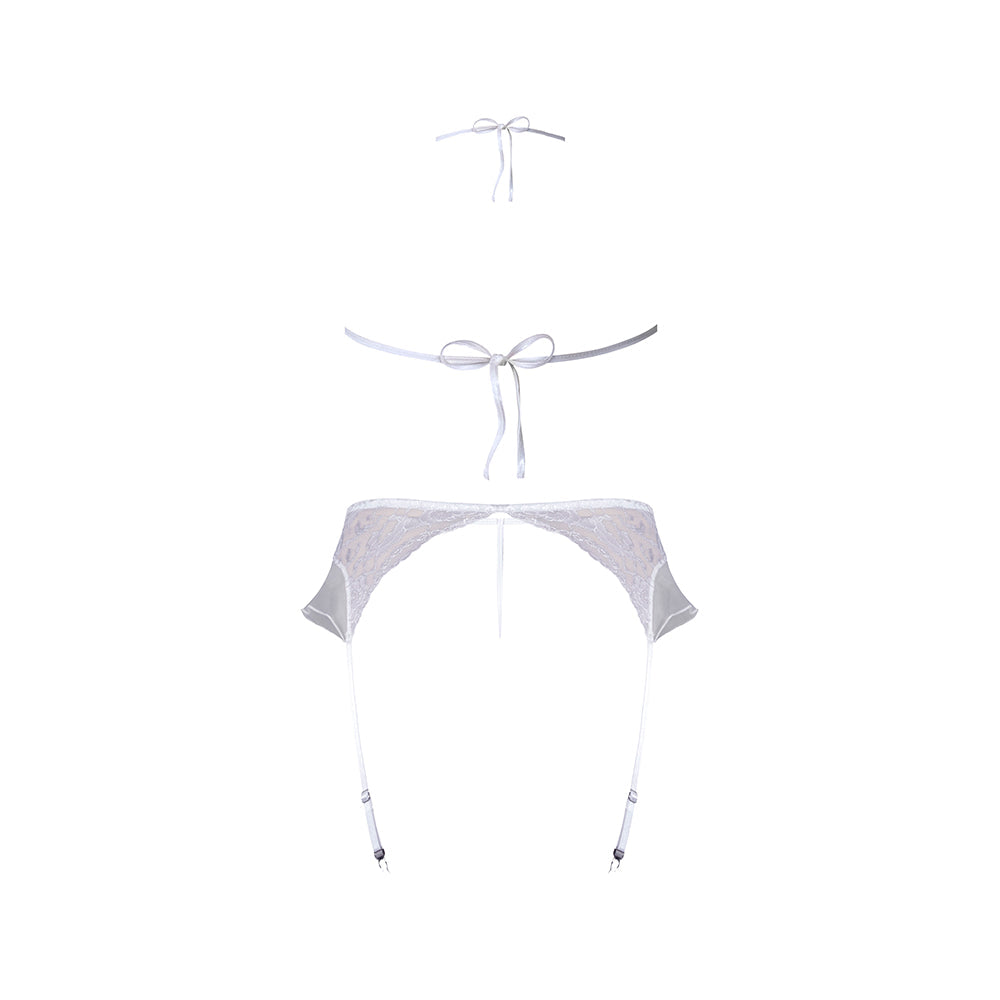 Magic Silk Sexy Time Ever After Bride Costume White Queen three-piece lingerie set with lace and mesh details.