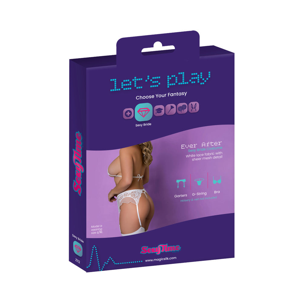 Magic Silk Sexy Time Ever After Bride Costume White Queen packaging featuring lace and mesh lingerie set.