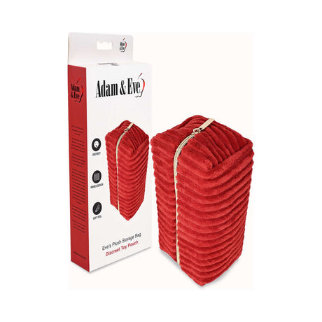 Adam & Eve Eve's Plush Toy Storage Bag in red with textured microfiber design, perfect for discreet toy storage.