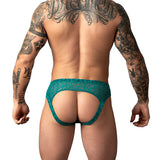Male Power Ripple Moon Jock Teal S/M showcasing a provocative design with high-performance stretch lace.