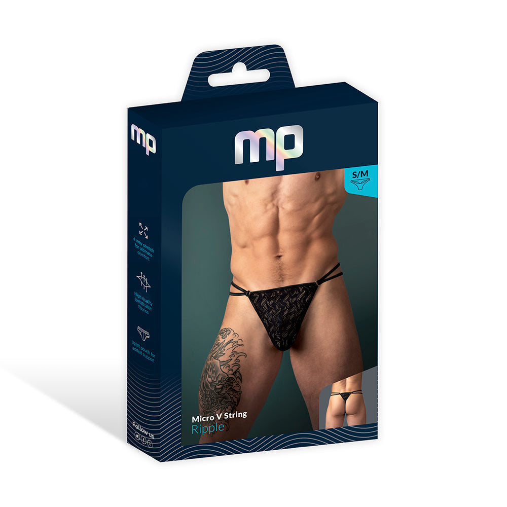 Male Power Ripple Lace Micro V String Black S/M packaging, showcasing minimal g-string cut and wavy lace design.