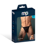 Male Power Ripple Lace Micro V String Black S/M packaging, showcasing minimal g-string cut and wavy lace design.
