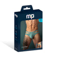 Male Power Eco Cozy Cutout Thong Green L/XL packaging featuring a model in minimal thong design.