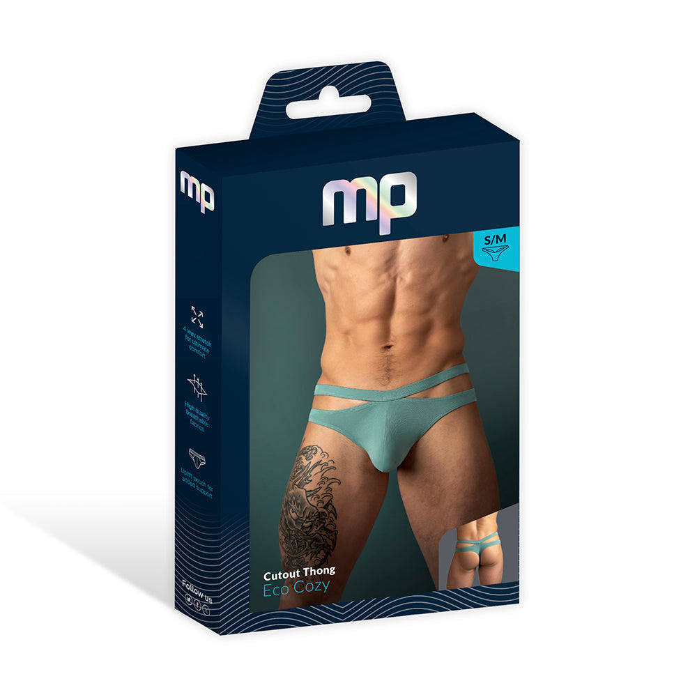 Male Power Eco Cozy Cutout Thong Green L/XL packaging featuring a model in minimal thong design.