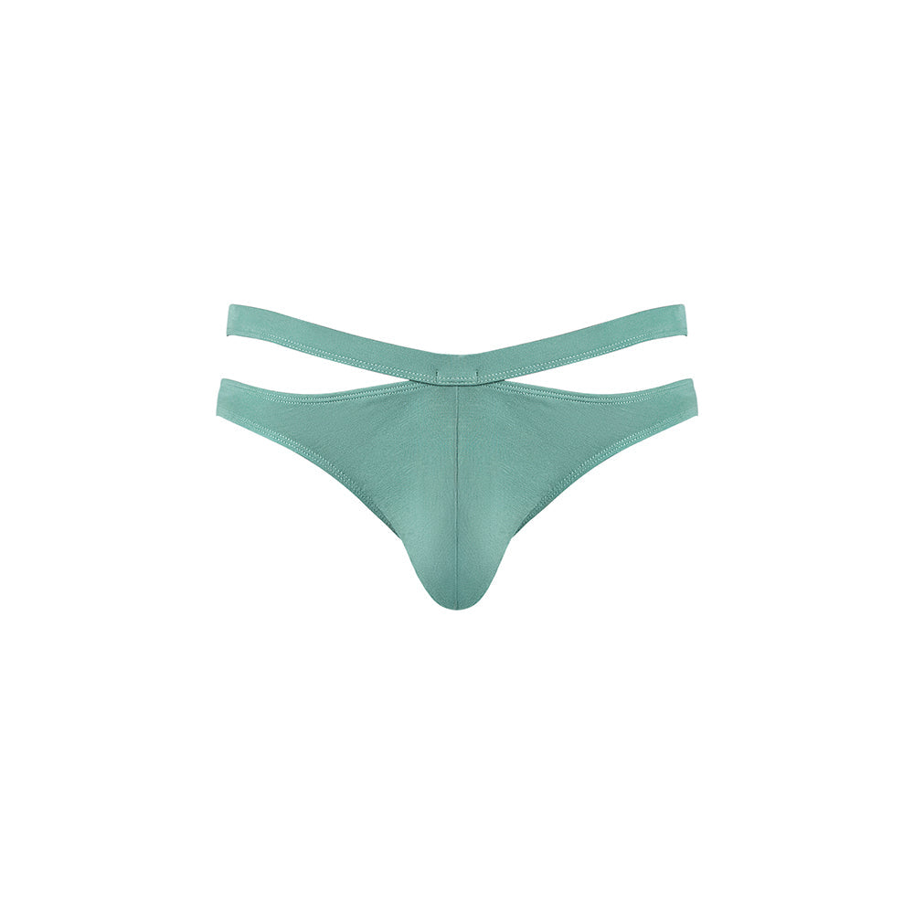 Male Power Eco Cozy Cutout Thong Green L/XL featuring minimal back and eye-catching cutout detailing.