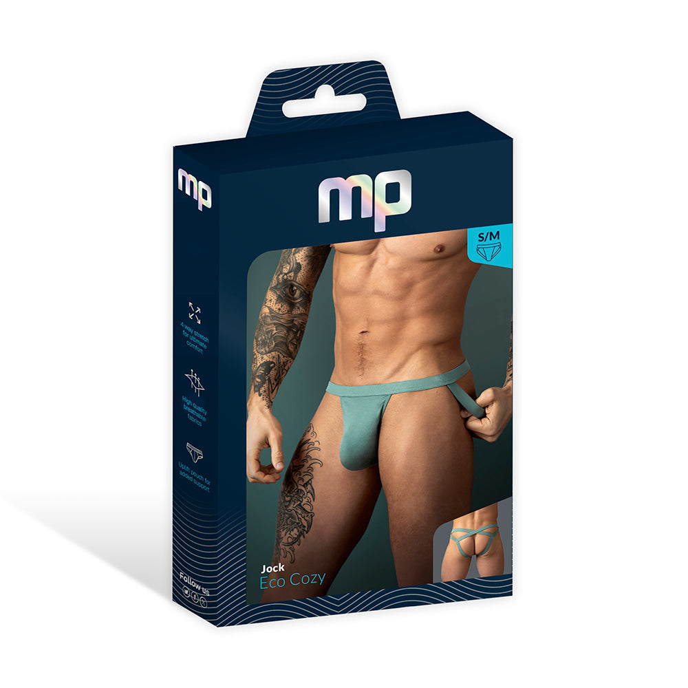 Male Power Eco Cozy Jock Green L/XL packaging featuring a model in comfortable men's underwear.