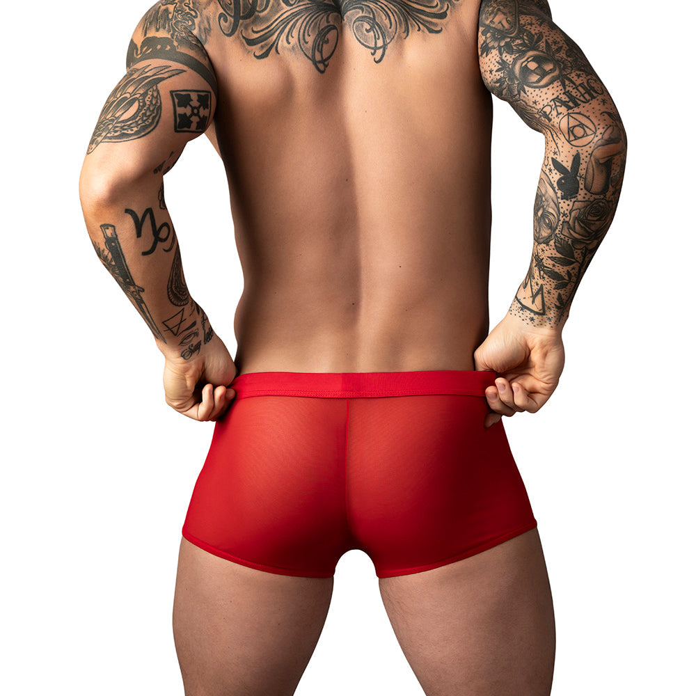 Male Power Mesh 2.0 Mini Short Red XL showcased on a man with tattoos, highlighting its sporty and breathable design.