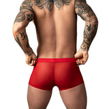 Male Power Mesh 2.0 Mini Short Red XL showcased on a man with tattoos, highlighting its sporty and breathable design.