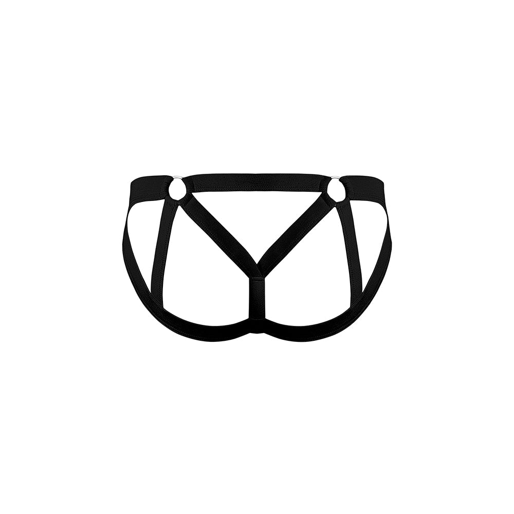 Male Power Mesh 2.0 Strappy Ring Jock Black S M showcasing a bold design with breathable stretch mesh and supportive ring-front pouch.