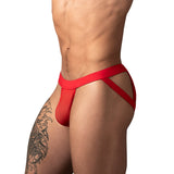 Male Power Mesh 2.0 Strappy Ring Jock Red S M model showcasing athletic design and support.